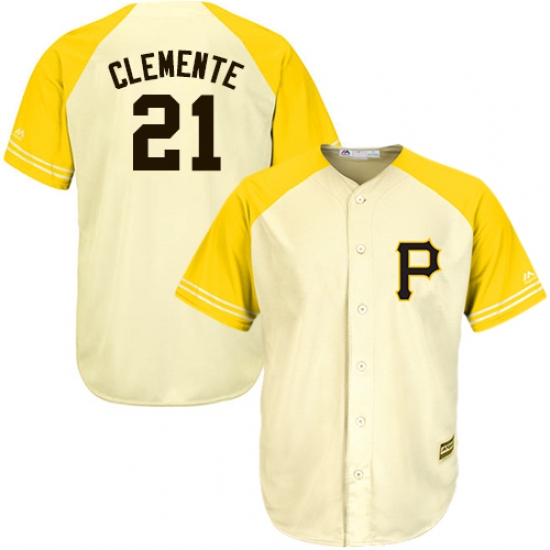 Men's Majestic Pittsburgh Pirates 21 Roberto Clemente Replica Cream/Gold Exclusive Cool Base MLB Jersey