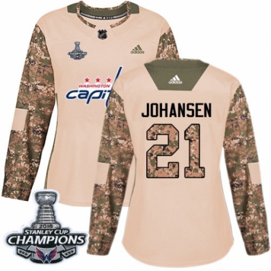 Women's Adidas Washington Capitals 21 Lucas Johansen Authentic Camo Veterans Day Practice 2018 Stanley Cup Final Champions NHL Jersey