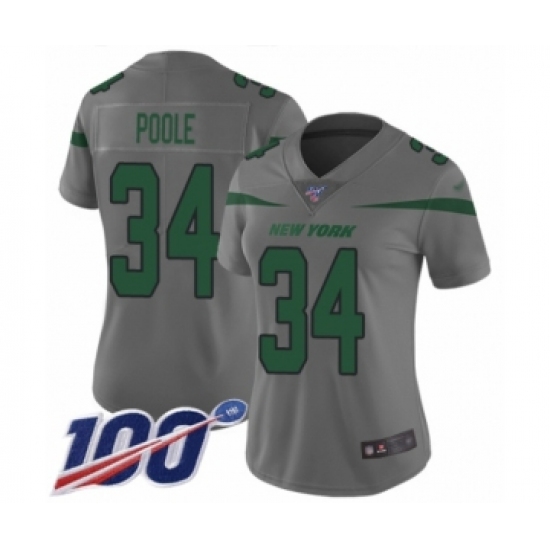 Women's New York Jets 34 Brian Poole Limited Gray Inverted Legend 100th Season Football Jersey
