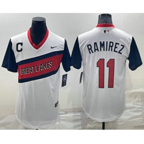 Men's Cleveland Indians 11 Jose Ramirez White 2021 Little League Classic Stitched Nike Jersey