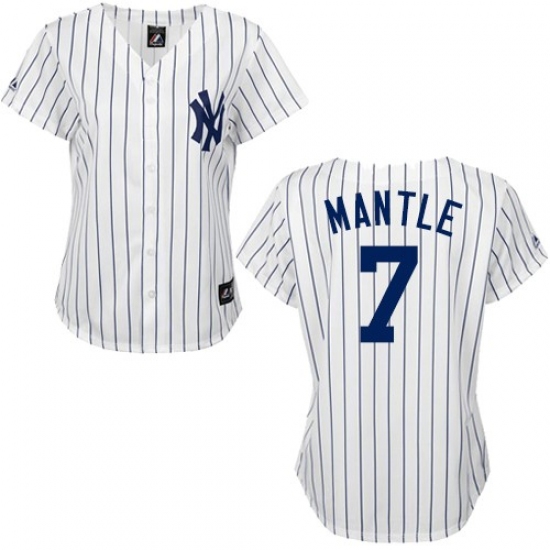 Women's Majestic New York Yankees 7 Mickey Mantle Replica White/Black Strip MLB Jersey