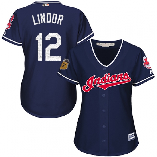 Women's Majestic Cleveland Indians 12 Francisco Lindor Authentic Navy Blue 2017 Spring Training Cool Base MLB Jersey