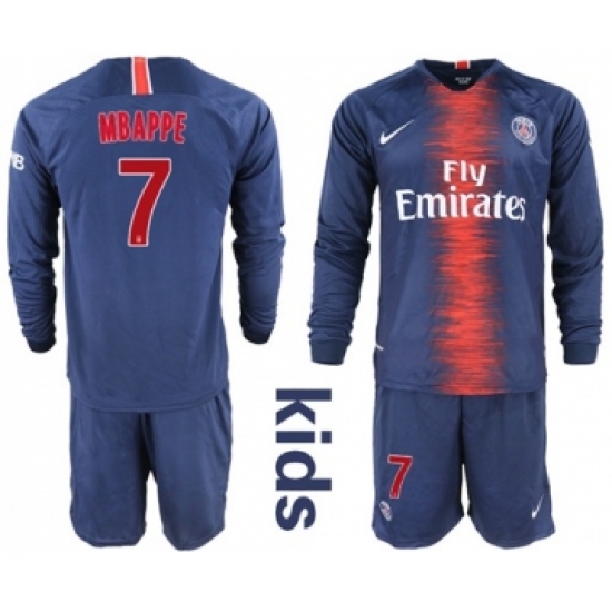 Paris Saint-Germain 7 Mbappe Home Long Sleeves Kid Soccer Club Jersey