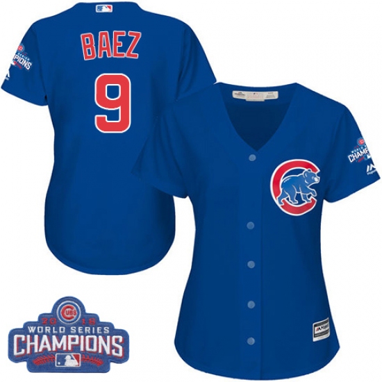Women's Majestic Chicago Cubs 9 Javier Baez Authentic Royal Blue Alternate 2016 World Series Champions Cool Base MLB Jersey