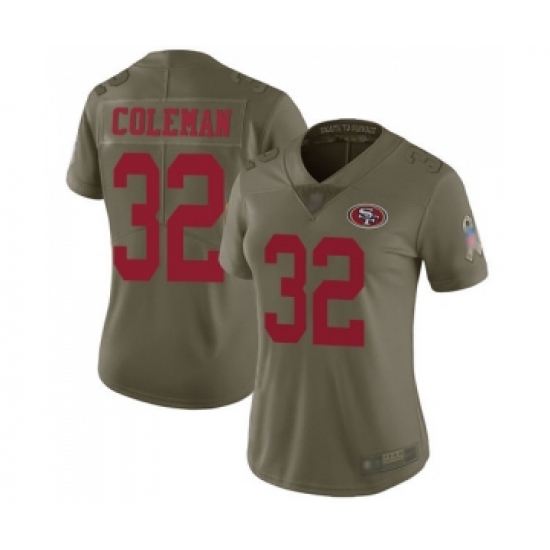 Women's San Francisco 49ers 32 Tevin Coleman Limited Olive 2017 Salute to Service Football Jersey