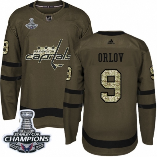 Men's Adidas Washington Capitals 9 Dmitry Orlov Authentic Green Salute to Service 2018 Stanley Cup Final Champions NHL Jersey