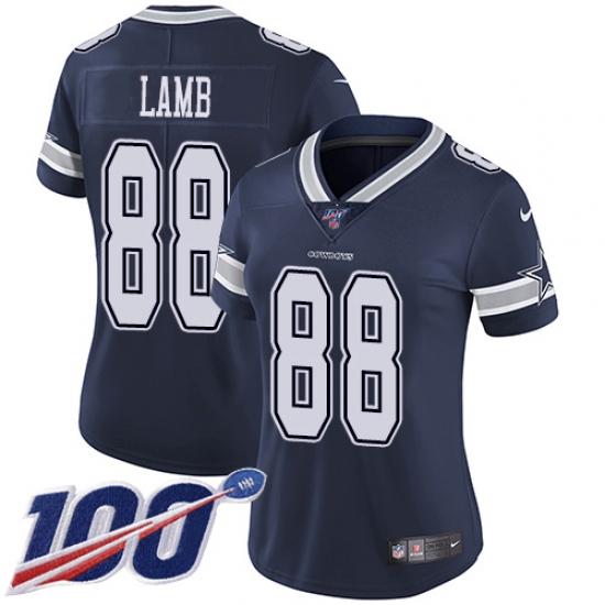 Women's Dallas Cowboys 88 CeeDee Lamb Navy Blue Team Color Stitched 100th Season Vapor Untouchable Limited Jersey