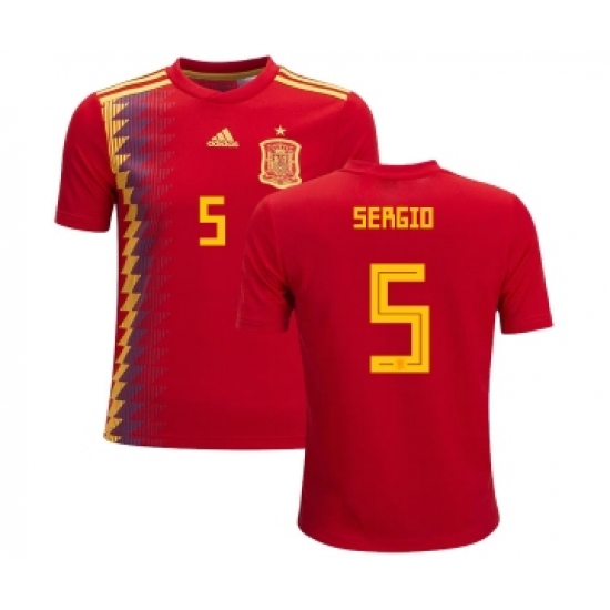 Spain 5 Sergio Red Home Kid Soccer Country Jersey