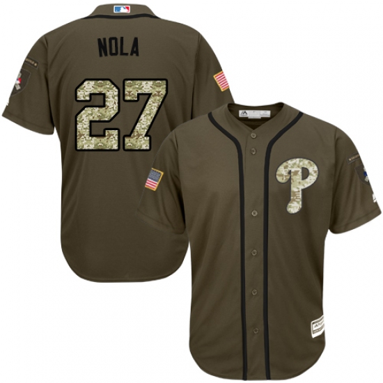 Men's Majestic Philadelphia Phillies 27 Aaron Nola Replica Green Salute to Service MLB Jersey