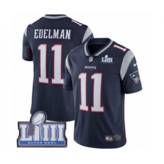 Men's Nike New England Patriots 11 Julian Edelman Navy Blue Team Color Vapor Untouchable Limited Player Super Bowl LIII Bound NFL Jersey