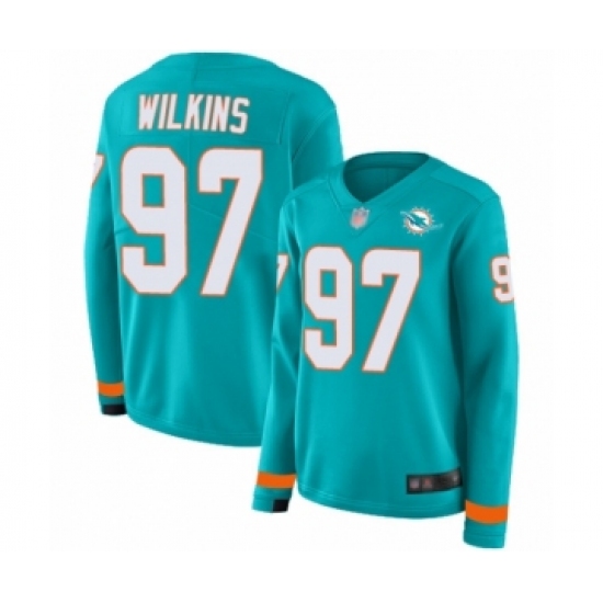 Women's Miami Dolphins 97 Christian Wilkins Limited Aqua Therma Long Sleeve Football Jersey