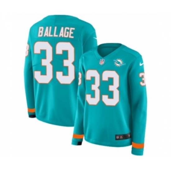 Women's Nike Miami Dolphins 33 Kalen Ballage Limited Aqua Therma Long Sleeve NFL Jersey