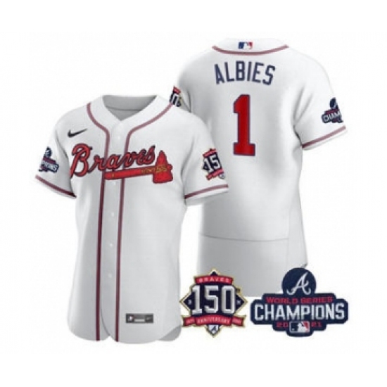 Men's Atlanta Braves 1 Ozzie Albies 2021 White World Series Champions With 150th Anniversary Flex Base Stitched Jersey