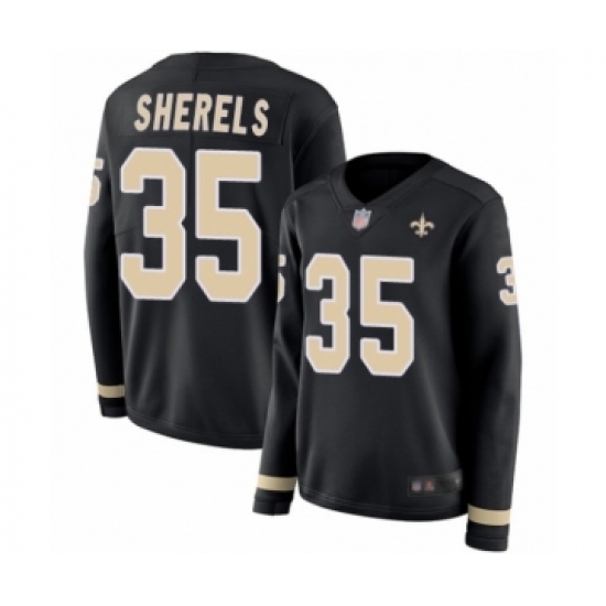 Women's New Orleans Saints 35 Marcus Sherels Limited Black Therma Long Sleeve Football Jersey