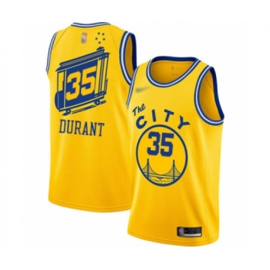 Men's Golden State Warriors 35 Kevin Durant Authentic Gold Hardwood Classics Basketball Jersey - The City Classic Edition