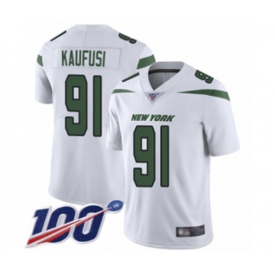 Youth New York Jets 91 Bronson Kaufusi White Vapor Untouchable Limited Player 100th Season Football Jersey
