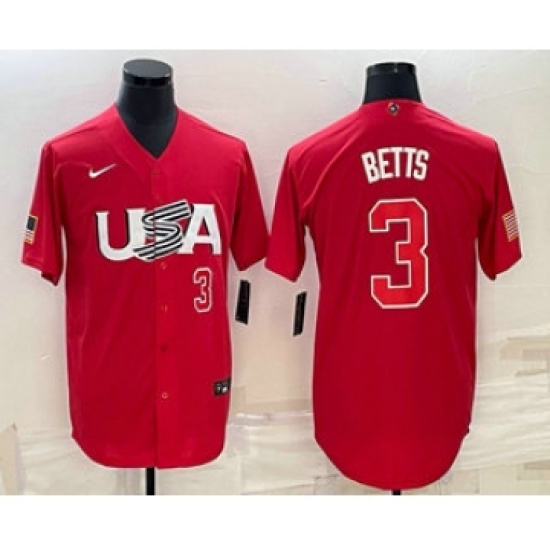 Men's USA Baseball 3 Mookie Betts Number 2023 Red World Classic Stitched Jersey