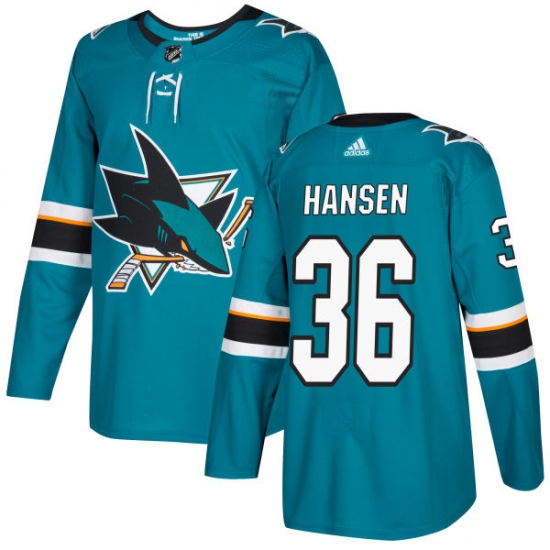 Men's Adidas San Jose Sharks 36 Jannik Hansen Authentic Teal Green Home NHL Jersey