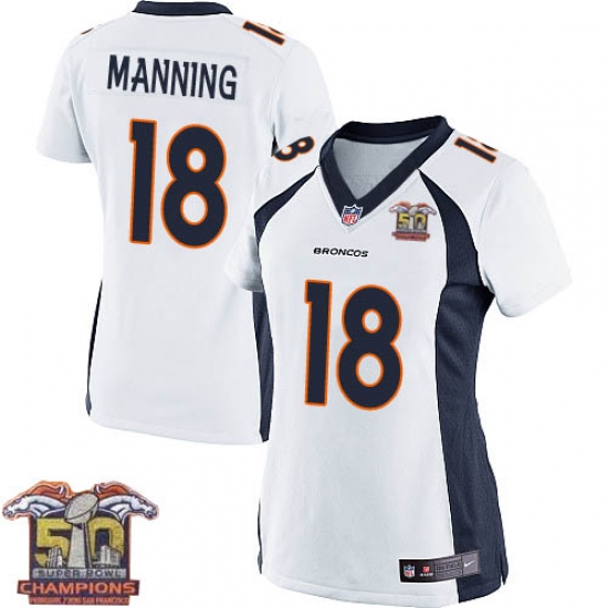 Women's Nike Denver Broncos 18 Peyton Manning Elite White Super Bowl 50 Champions NFL Jersey