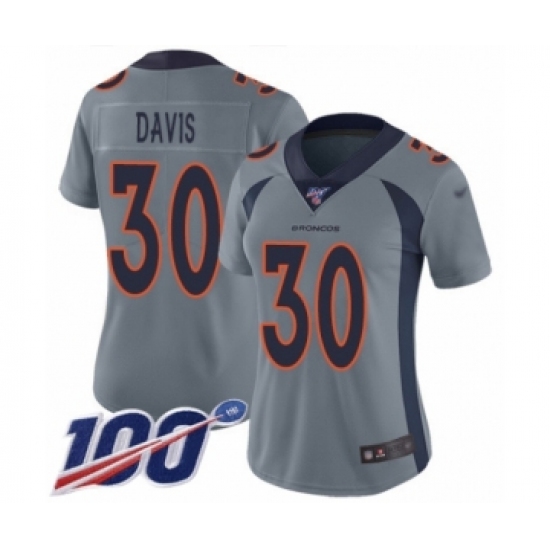 Women's Denver Broncos 30 Terrell Davis Limited Silver Inverted Legend 100th Season Football Jersey