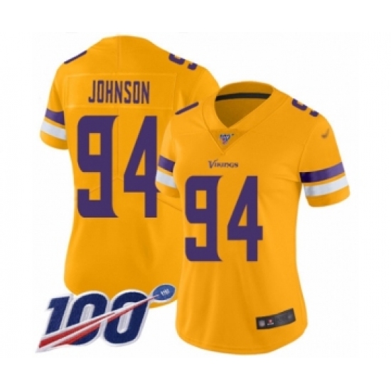 Women's Minnesota Vikings 94 Jaleel Johnson Limited Gold Inverted Legend 100th Season Football Jersey