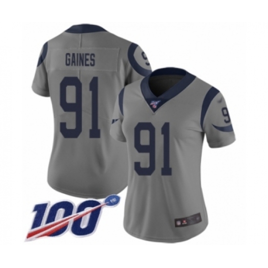 Women's Los Angeles Rams 91 Greg Gaines Limited Gray Inverted Legend 100th Season Football Jersey