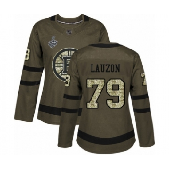 Women's Boston Bruins 79 Jeremy Lauzon Authentic Green Salute to Service 2019 Stanley Cup Final Bound Hockey Jersey