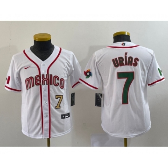 Youth Mexico Baseball 7 Julio Urias Number 2023 Red World Baseball Classic Stitched Jersey1