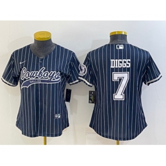 Women's Dallas Cowboys 7 Trevon Diggs Navy Blue Pinstripe With Patch Cool Base Stitched Baseball Jersey