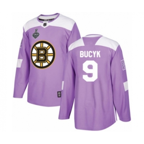 Youth Boston Bruins 9 Johnny Bucyk Authentic Purple Fights Cancer Practice 2019 Stanley Cup Final Bound Hockey Jersey
