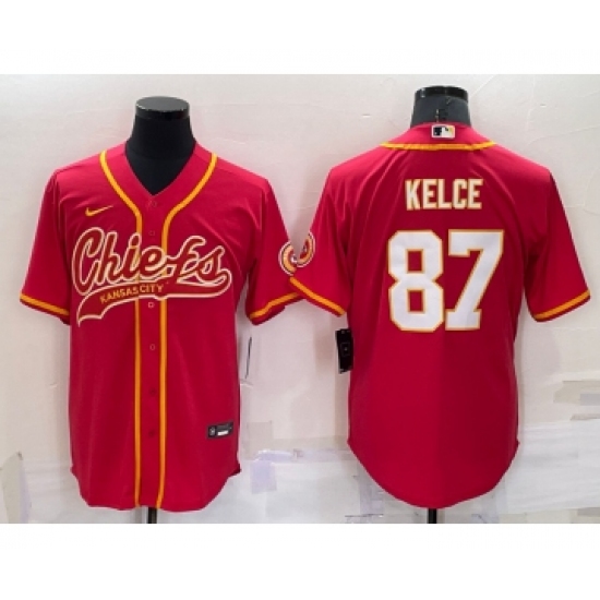 Men's Kansas City Chiefs 87 Travis Kelce Red Stitched Cool Base Nike Baseball Jersey