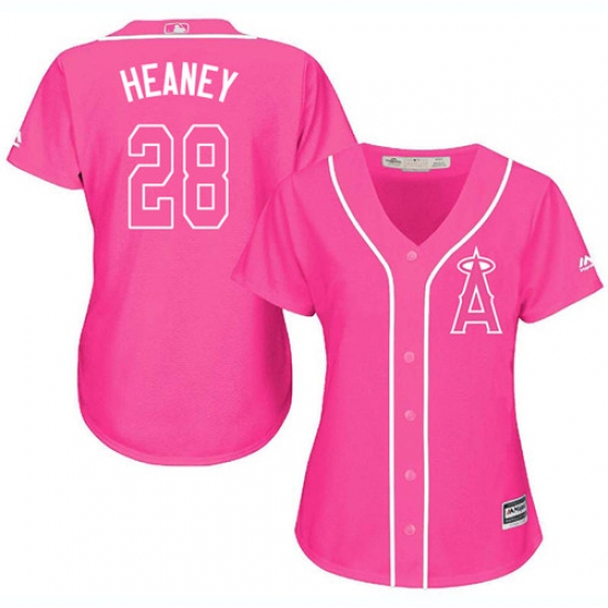 Women's Majestic Los Angeles Angels of Anaheim 28 Andrew Heaney Authentic Pink Fashion MLB Jersey