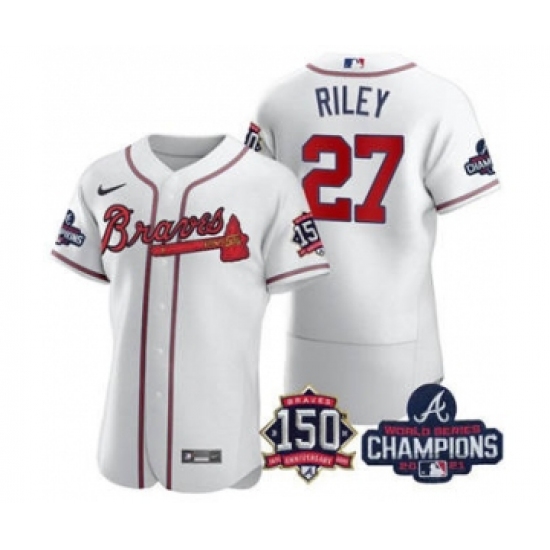Men's Atlanta Braves 27 Austin Riley 2021 White World Series Champions With 150th Anniversary Flex Base Stitched Jersey