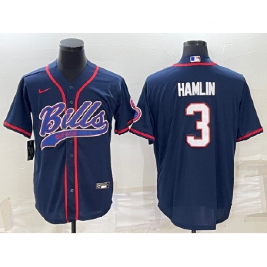 Men's Buffalo Bills 3 Damar Hamlin Navy Blue With Patch Cool Base Stitched Baseball Jersey