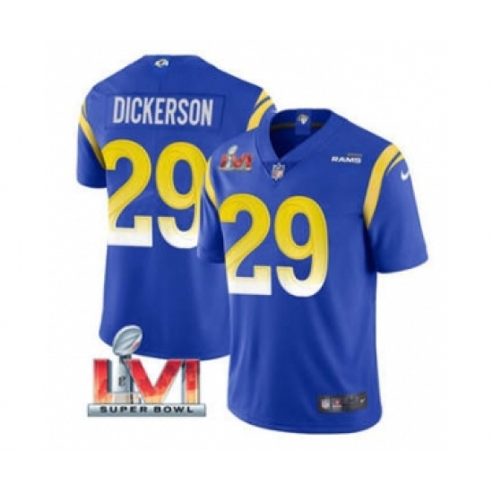 Men's Los Angeles Rams 29 Eric Dickerson Royal 2022 Super Bowl LVI Vapor Limited Stitched Jersey