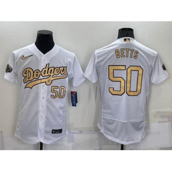 Men's Los Angeles Dodgers 50 Mookie Betts Number White 2022 All Star Stitched Flex Base Nike Jersey