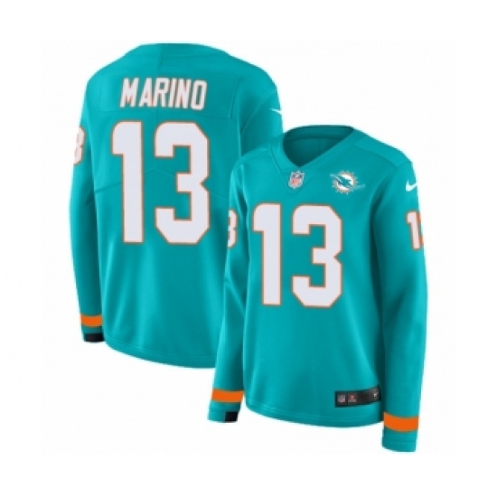 Women's Nike Miami Dolphins 13 Dan Marino Limited Aqua Therma Long Sleeve NFL Jersey