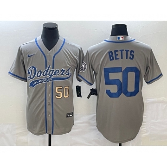 Men's Los Angeles Dodgers 50 Mookie Betts Number Grey Cool Base Stitched Baseball Jersey