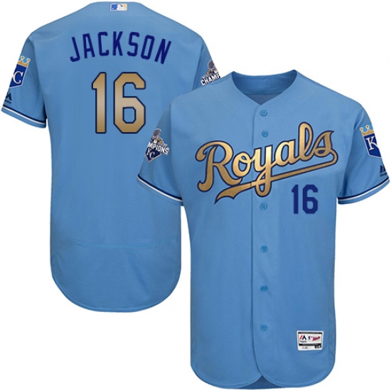 Men's Majestic Kansas City Royals 16 Bo Jackson Authentic Light Blue 2015 World Series Champions Gold Program FlexBase MLB Jersey
