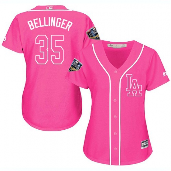 Women's Majestic Los Angeles Dodgers 35 Cody Bellinger Authentic Pink Fashion Cool Base 2018 World Series MLB Jersey