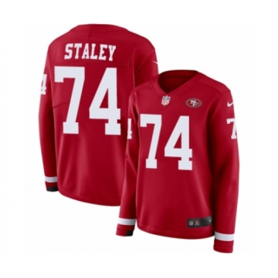 Women's Nike San Francisco 49ers 74 Joe Staley Limited Red Therma Long Sleeve NFL Jersey