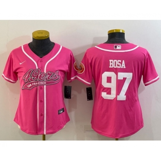 Women's San Francisco 49ers 97 Nick Bosa Pink With Patch Cool Base Stitched Baseball Jersey