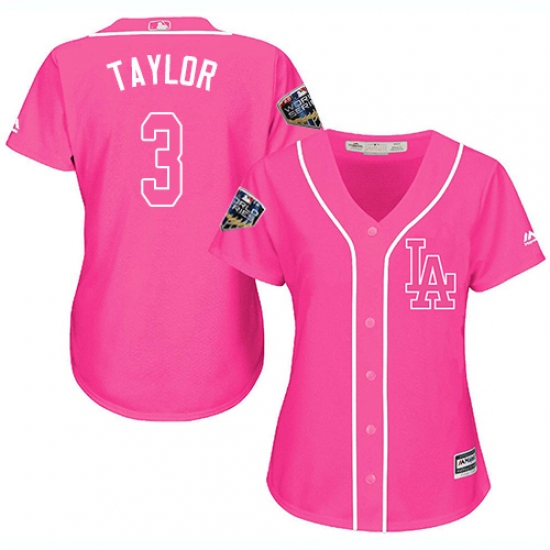 Women's Majestic Los Angeles Dodgers 3 Chris Taylor Authentic Pink Fashion Cool Base 2018 World Series MLB Jersey