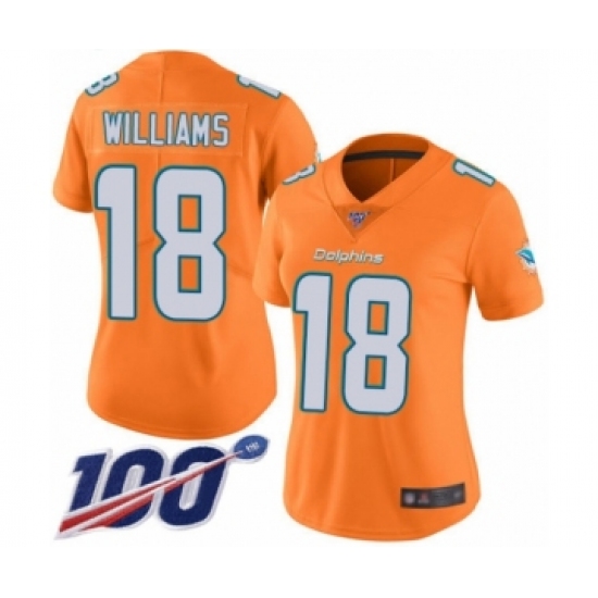 Women's Miami Dolphins 18 Preston Williams Limited Orange Rush Vapor Untouchable 100th Season Football Jersey