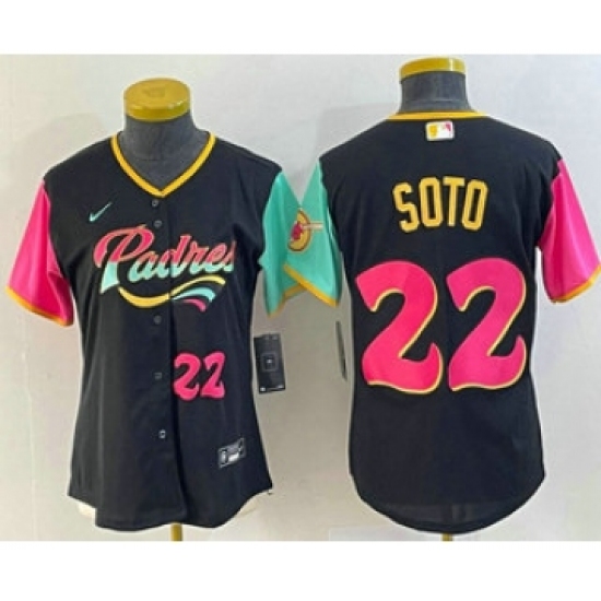 Women's San Diego Padres 22 Juan Soto Number Black 2022 City Connect Cool Base Stitched Jersey