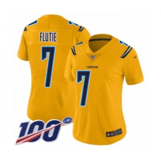 Women's Los Angeles Chargers 7 Doug Flutie Limited Gold Inverted Legend 100th Season Football Jersey