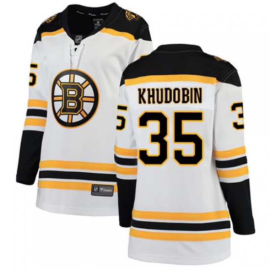 Women's Boston Bruins 35 Anton Khudobin Authentic White Away Fanatics Branded Breakaway NHL Jersey