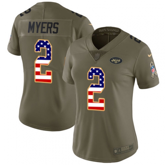 Women Nike New York Jets 2 Jason Myers Limited Olive USA Flag 2017 Salute to Service NFL Jersey