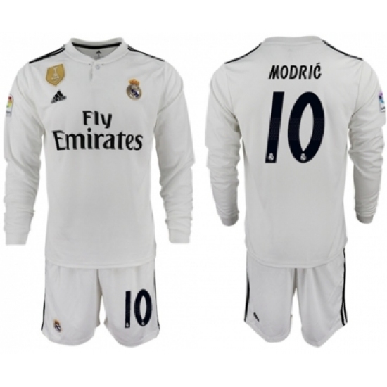 Real Madrid 10 Modric White Home Long Sleeve Soccer Club Jersey