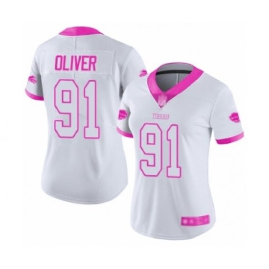 Women's Buffalo Bills 91 Ed Oliver Limited White Pink Rush Fashion Football Jersey
